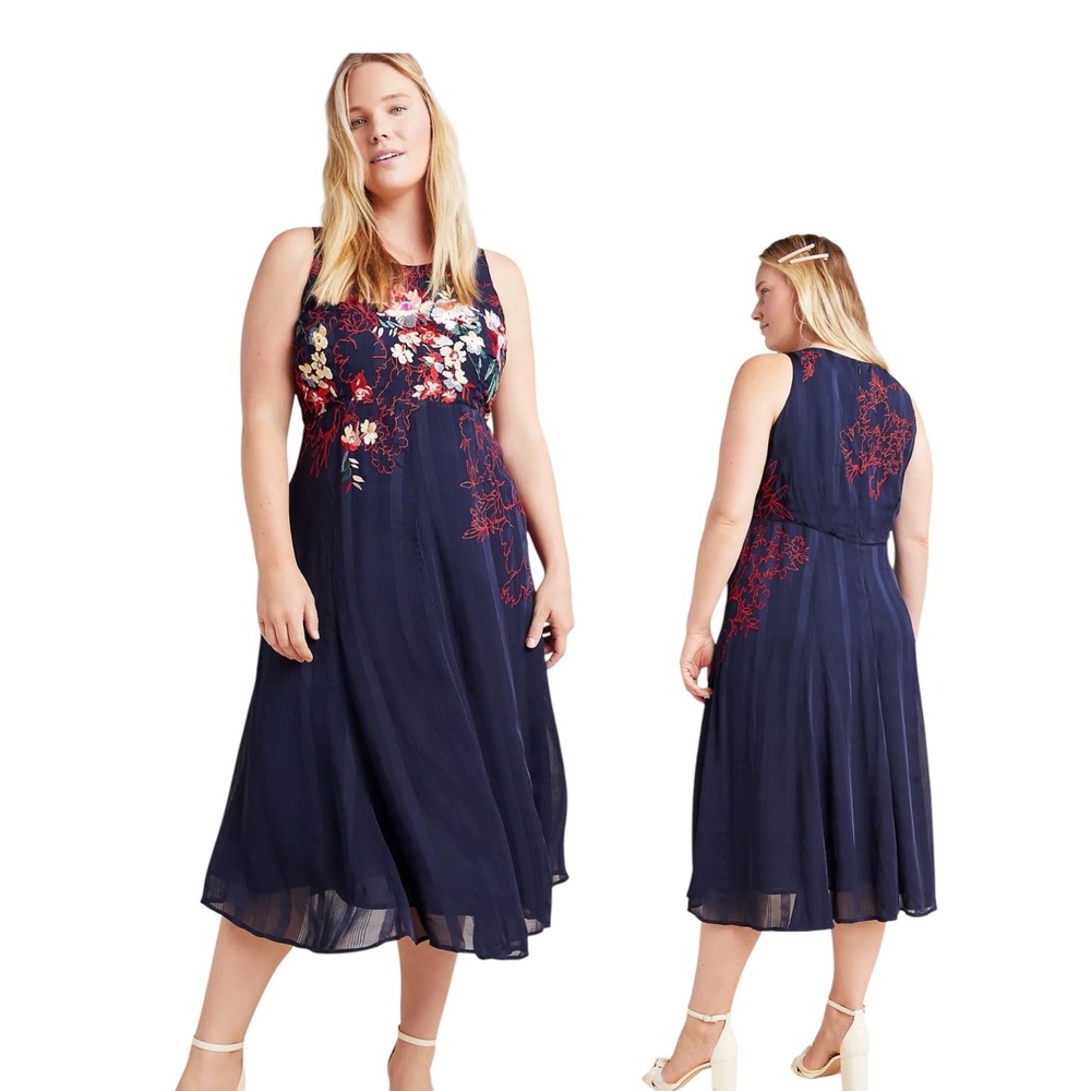 Anthropologie Tanzine Embroidered Midi Dress‎ Navy Floral Viscose Size 14